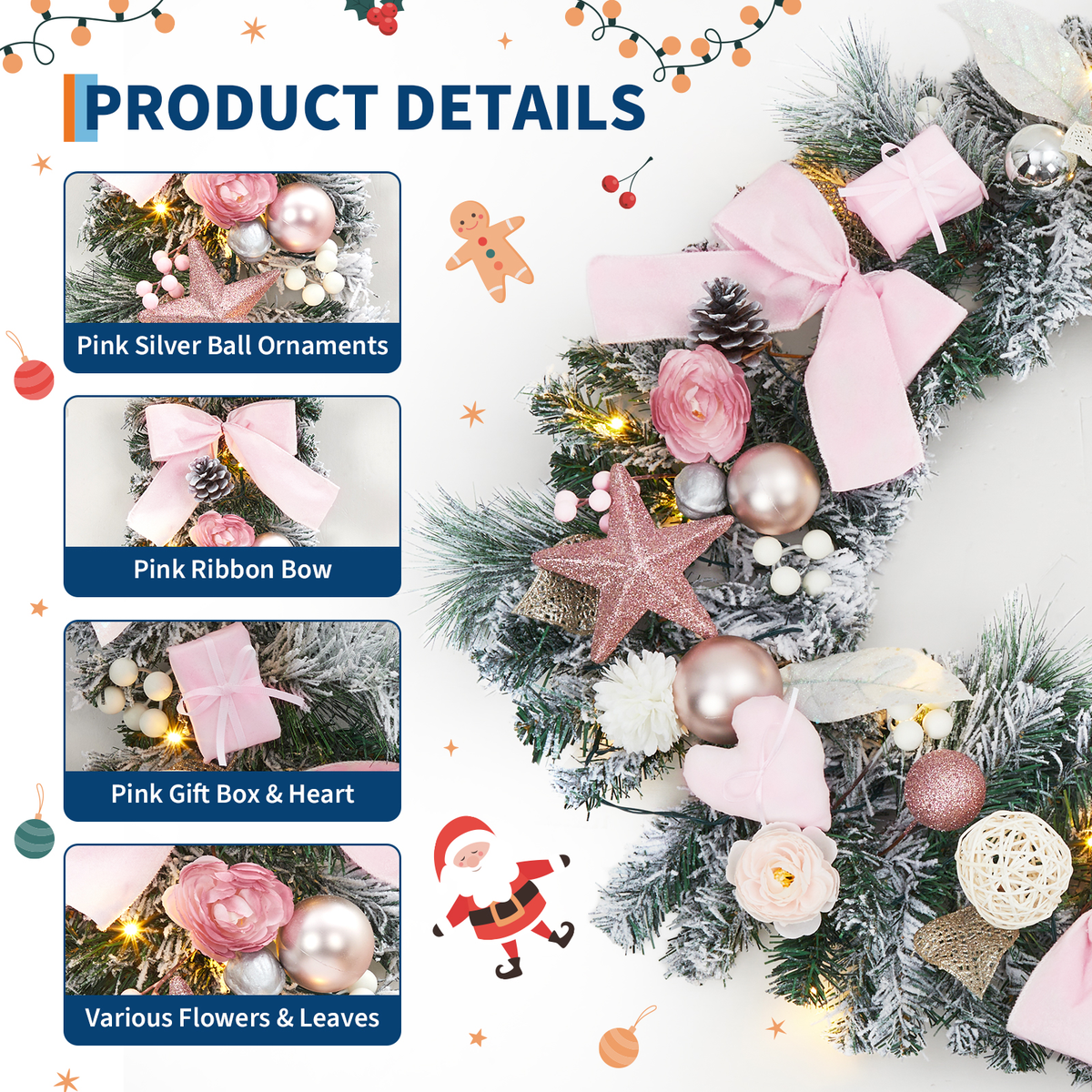24" Pink Christmas Wreath with LED Lights, Roses & Bow