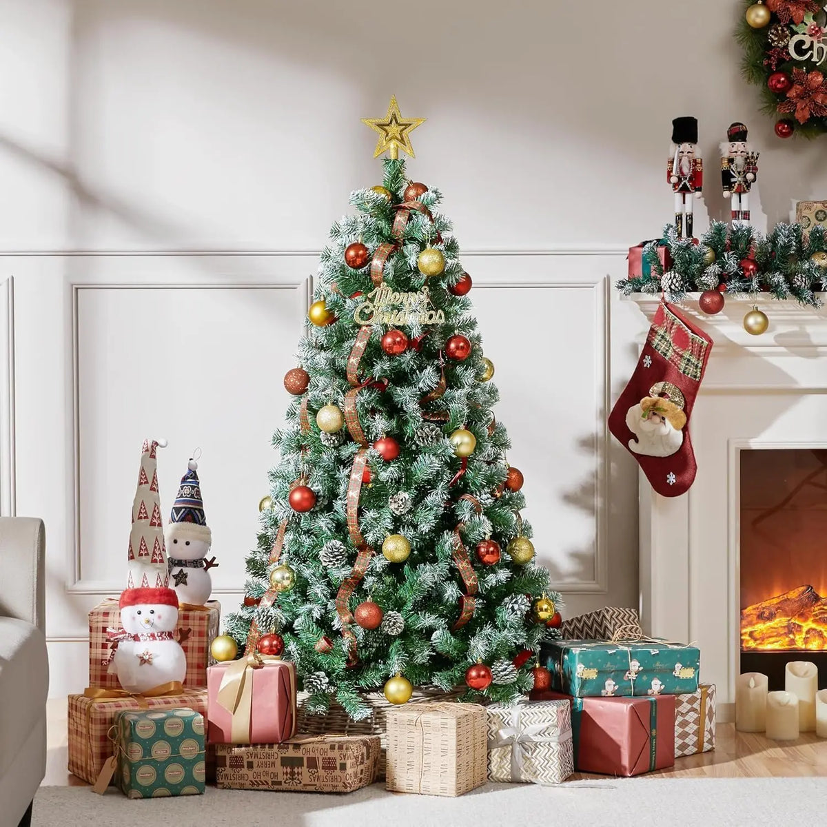 Pre-Lit Snow Flocked Artificial Christmas Tree with Pine Cones – 4.5ft to 7.5ft Full Xmas Tree with LED Lights and Metal Stand