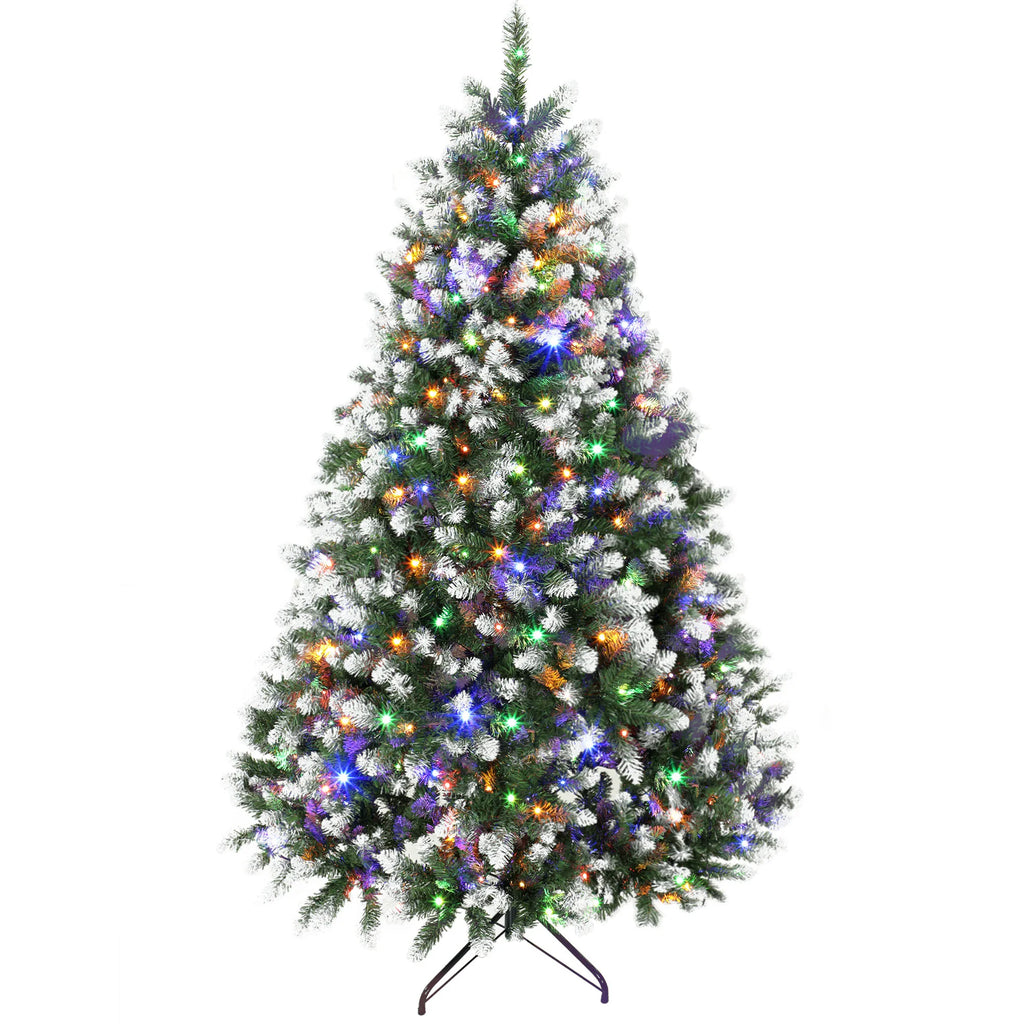 Pre-Lit Artificial Christmas Tree 6ft – Snow-Tipped Fir with 350 Warm White & Multicolor LED Lights, Remote Control & Metal Stand