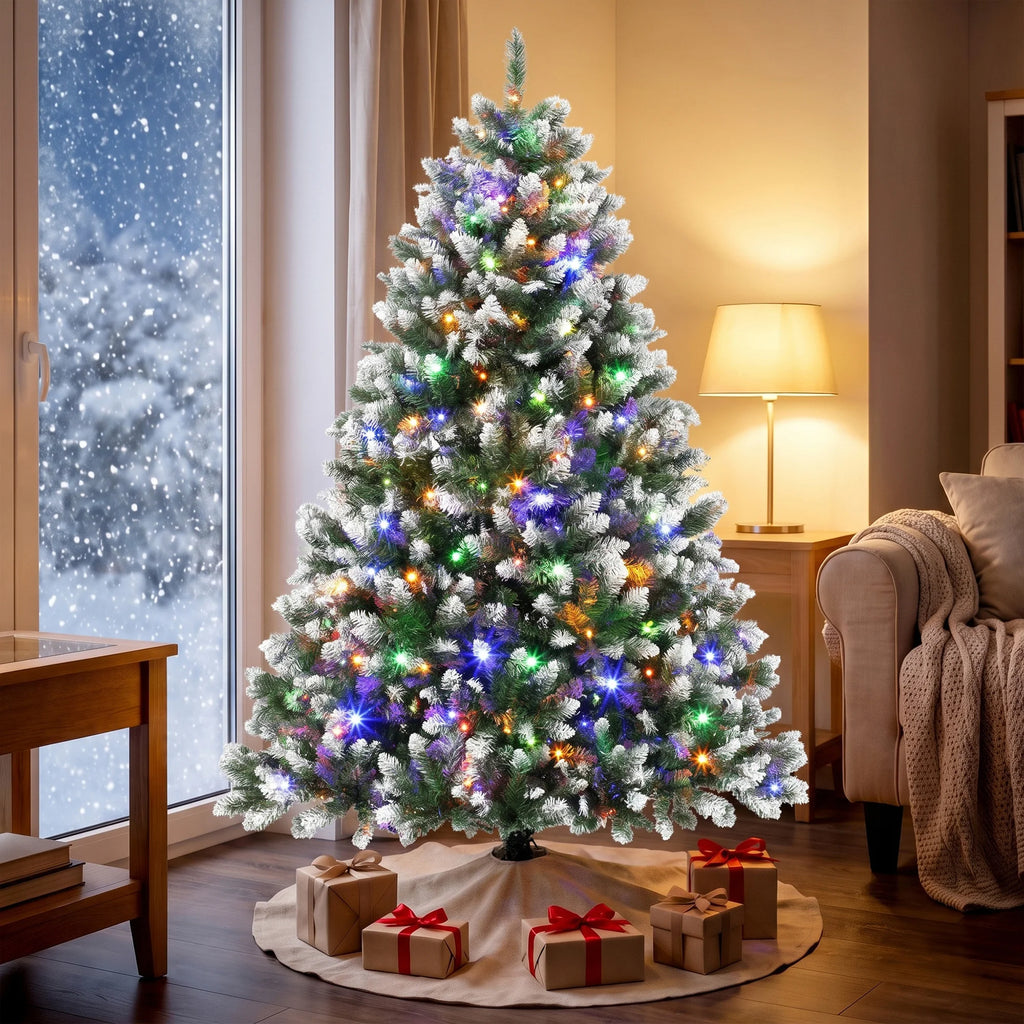 Pre-Lit Artificial Christmas Tree 6ft – Snow-Tipped Fir with 350 Warm White & Multicolor LED Lights, Remote Control & Metal Stand
