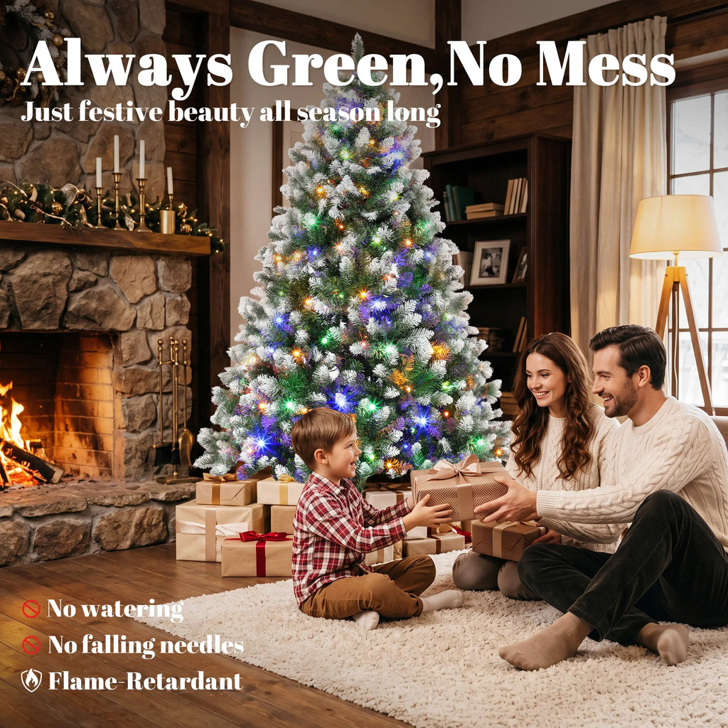 Pre-Lit Artificial Christmas Tree 6ft – Snow-Tipped Fir with 350 Warm White & Multicolor LED Lights, Remote Control & Metal Stand