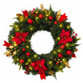 24" Pre-Lit Christmas Wreath – Red Poinsettia with Warm LED Lights & Timer