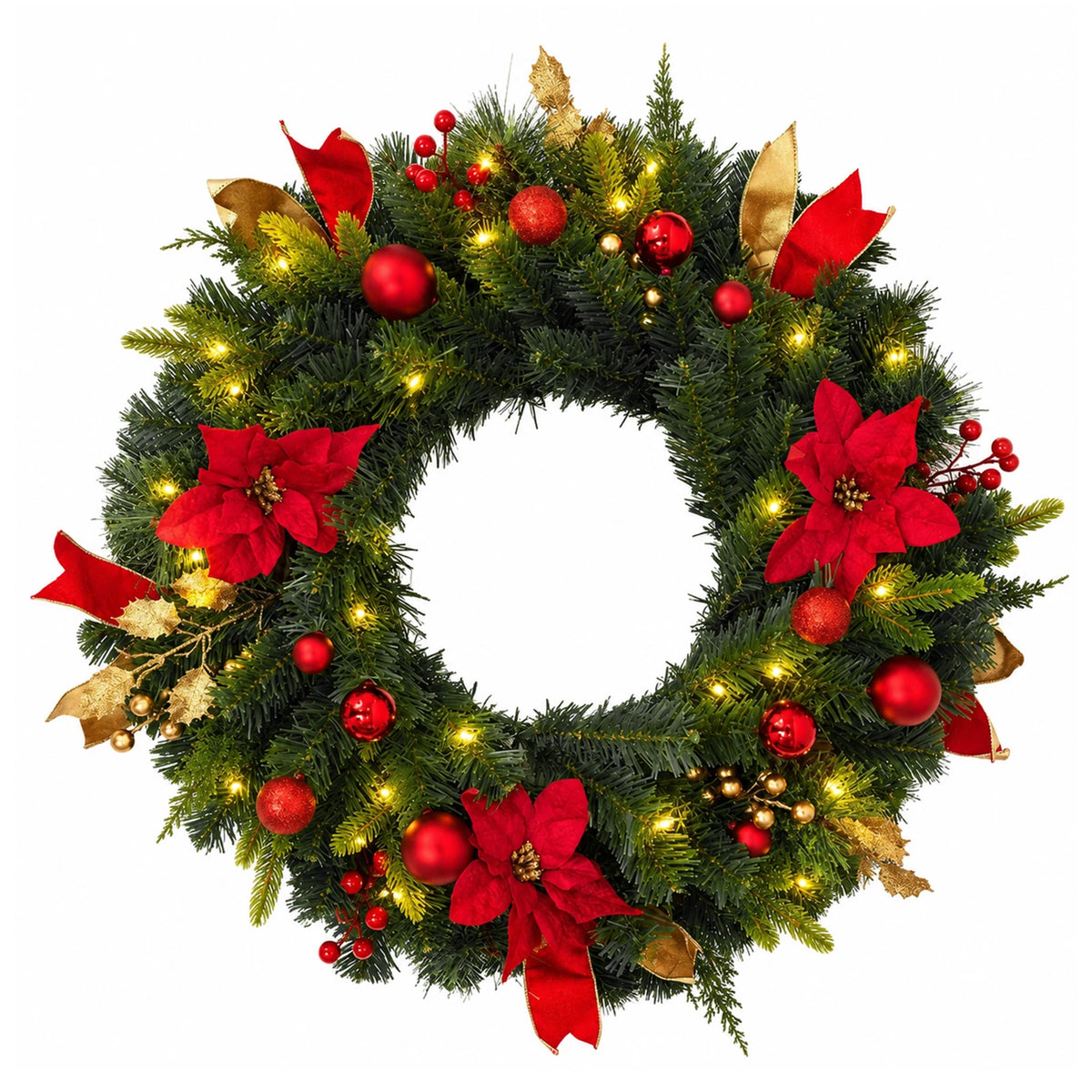 24" Pre-Lit Christmas Wreath – Red Poinsettia with Warm LED Lights & Timer