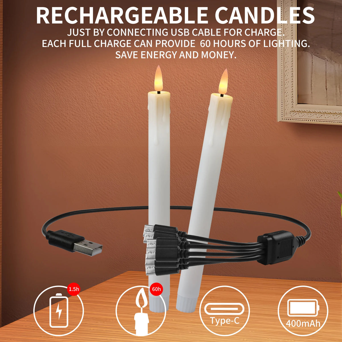 Rechargeable Flameless LED Taper Candles with Remote & Timer – Set of 6
