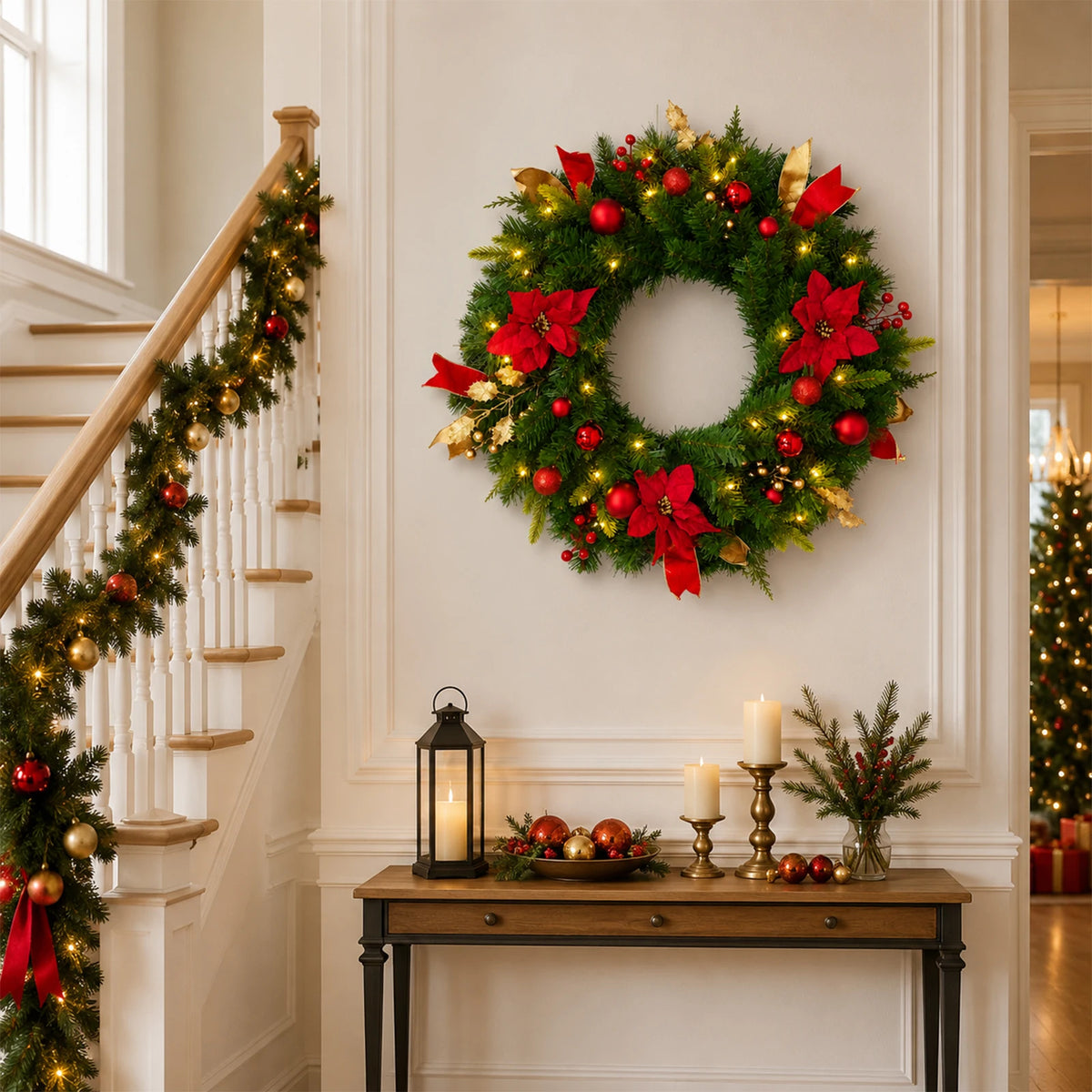 24" Pre-Lit Christmas Wreath – Red Poinsettia with Warm LED Lights & Timer