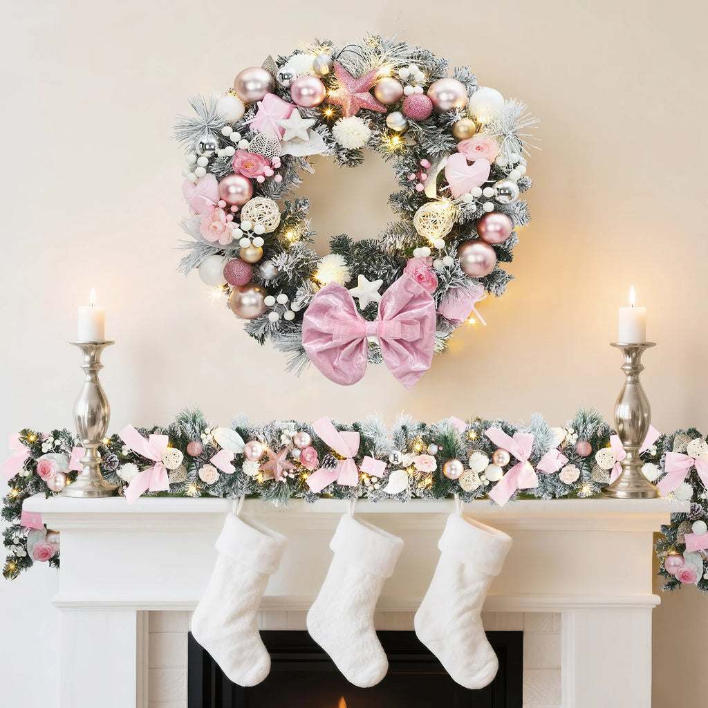 24" Pink Christmas Wreath with LED Lights, Roses & Bow