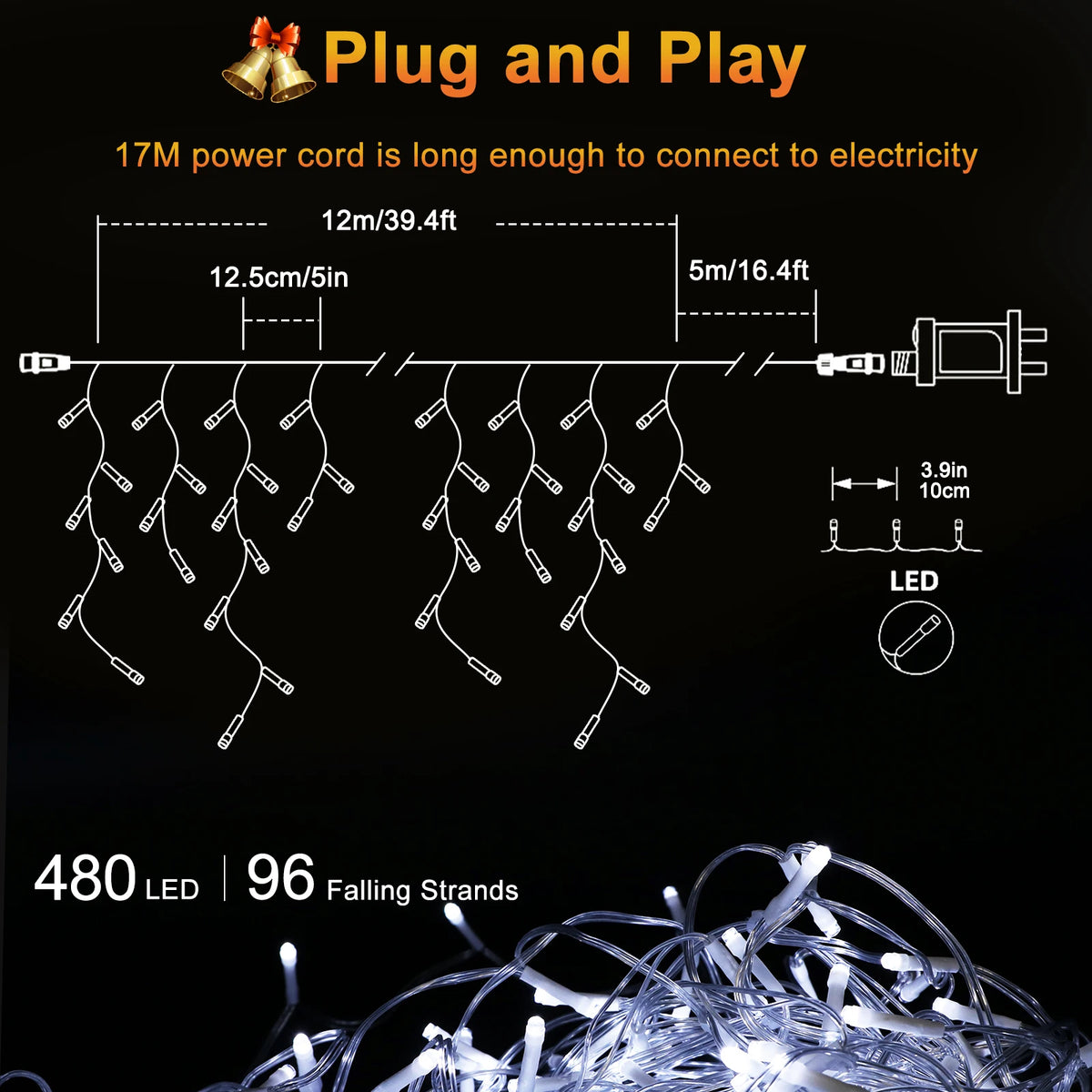 39.4 ft Christmas String Lights – 480 LEDs with 8 Modes, Timer & Memory