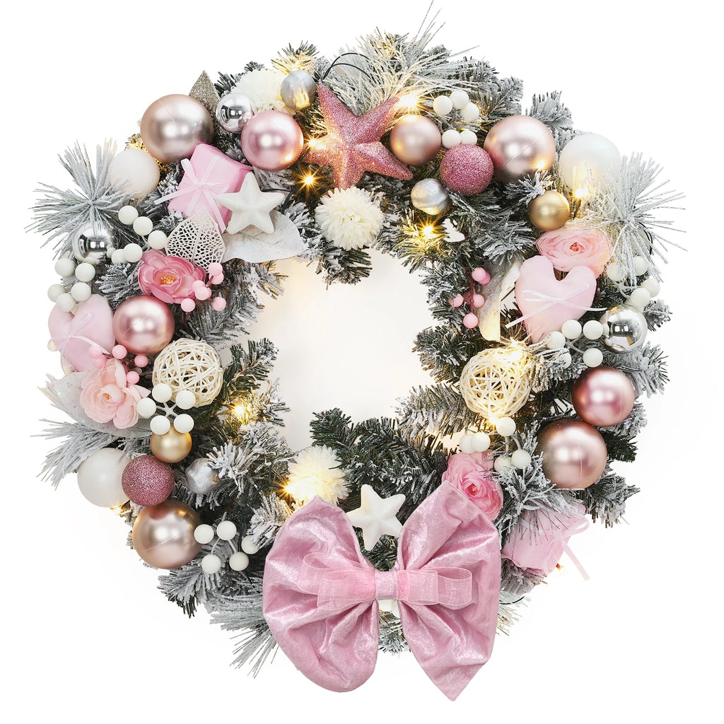 24" Pink Christmas Wreath with LED Lights, Roses & Bow