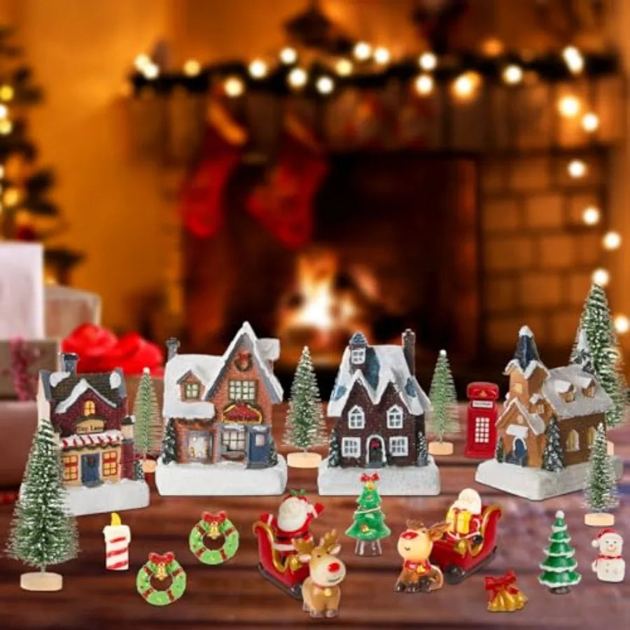 24-Piece Christmas Village Set – LED Lighted Houses & Holiday Figurines