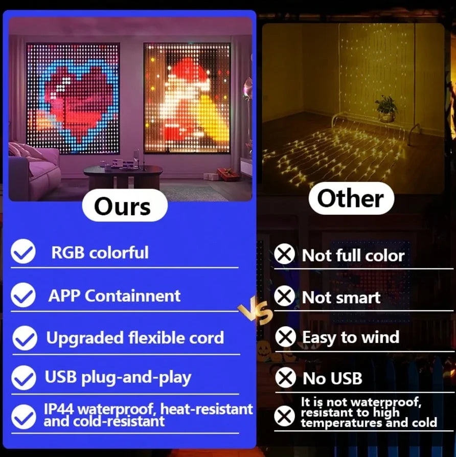 Smart LED Curtain Lights – Programmable RGB Pixel Display with App Control, 3 Sizes