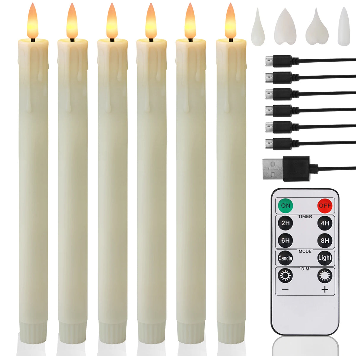 Rechargeable Flameless LED Taper Candles with Remote & Timer – Set of 6