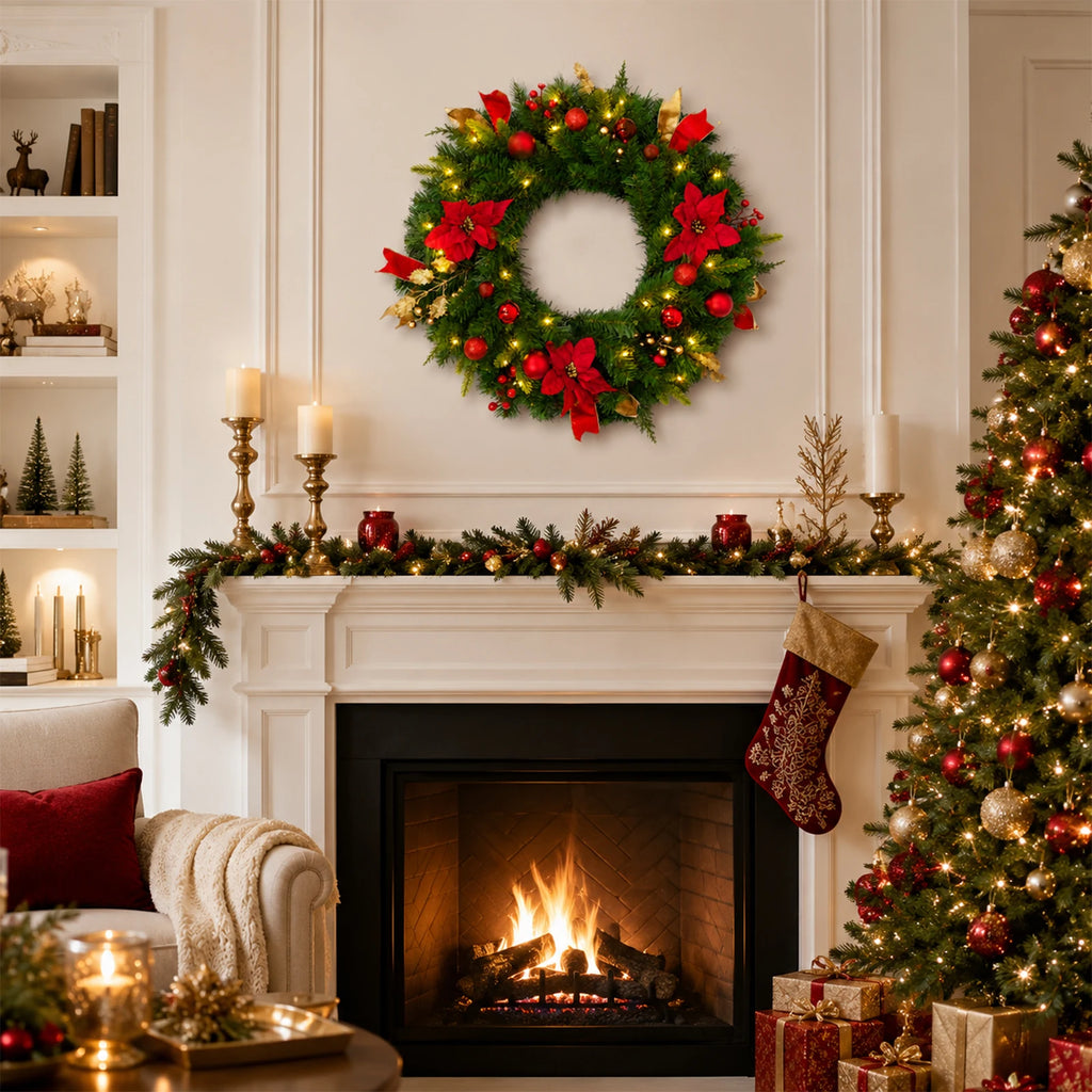 24" Pre-Lit Christmas Wreath – Red Poinsettia with Warm LED Lights & Timer