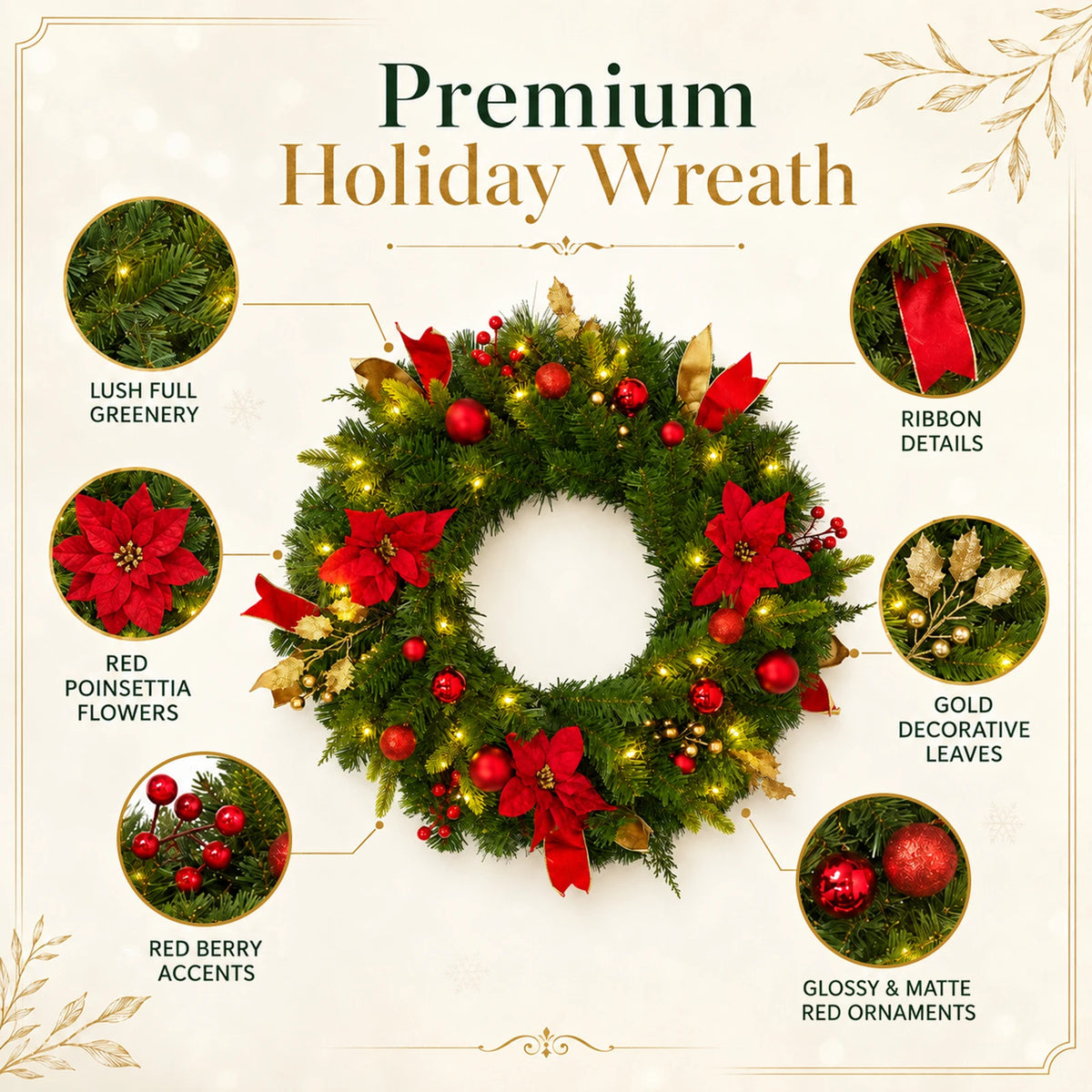 24" Pre-Lit Christmas Wreath – Red Poinsettia with Warm LED Lights & Timer