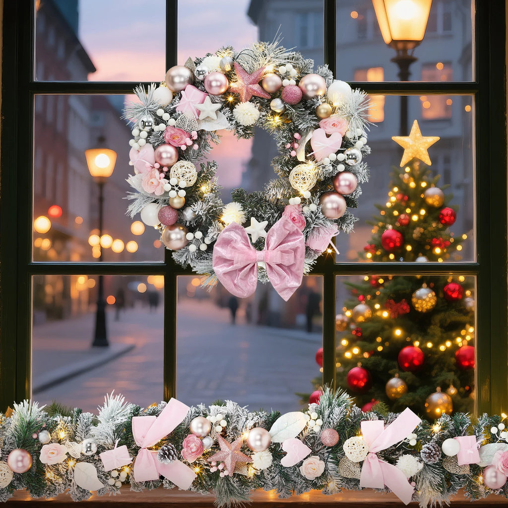 24" Pink Christmas Wreath with LED Lights, Roses & Bow