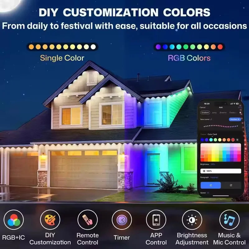 Smart RGB Permanent Outdoor Eave Lights – App & Remote Control, IP67 Waterproof LED Lights