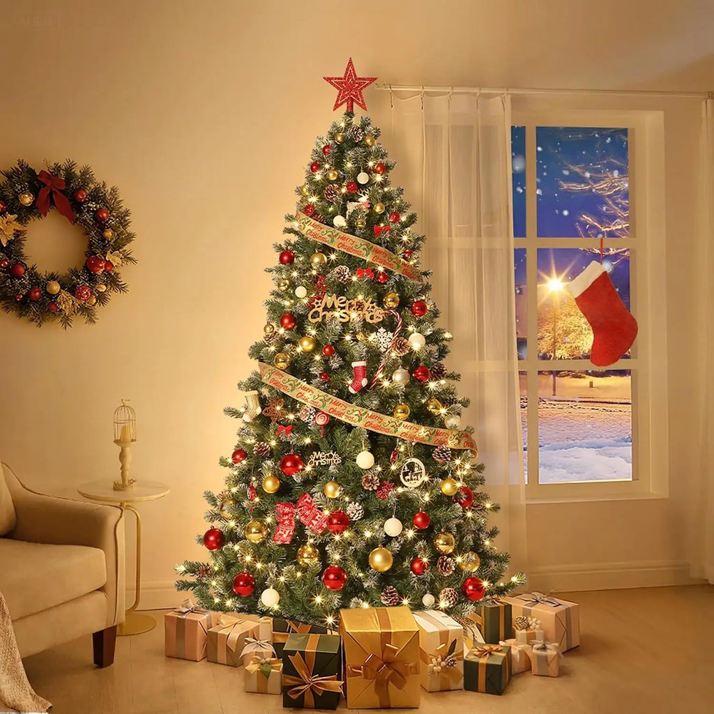 Pre-Lit Snow Flocked Artificial Christmas Tree with Pine Cones – 4.5ft to 7.5ft Full Xmas Tree with LED Lights and Metal Stand
