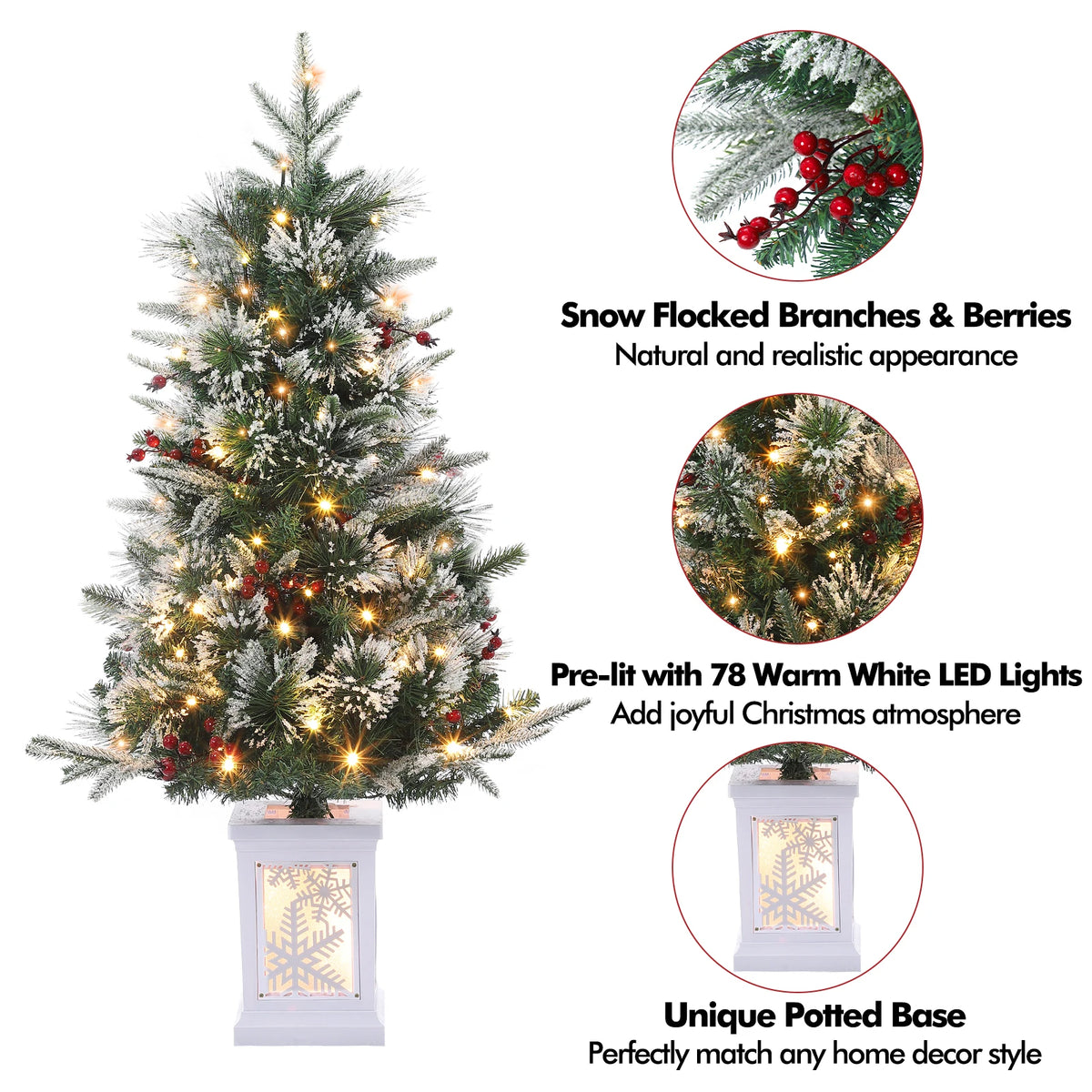 3 Ft Pre-Lit Snow Flocked Christmas Tree – Mini Tabletop Tree with 78 LED Lights