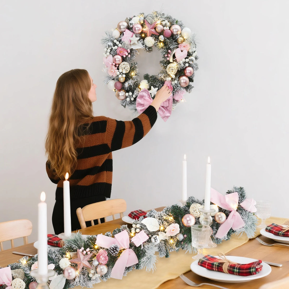 24" Pink Christmas Wreath with LED Lights, Roses & Bow