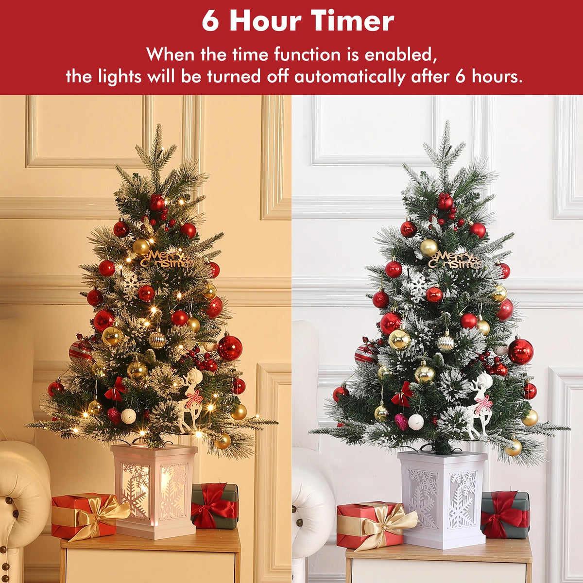 3 Ft Pre-Lit Snow Flocked Christmas Tree – Mini Tabletop Tree with 78 LED Lights