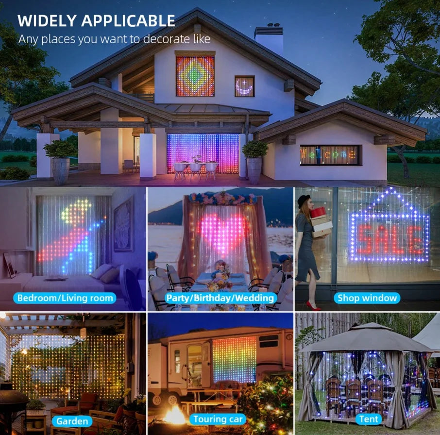Smart LED Curtain Lights – Programmable RGB Pixel Display with App Control, 3 Sizes