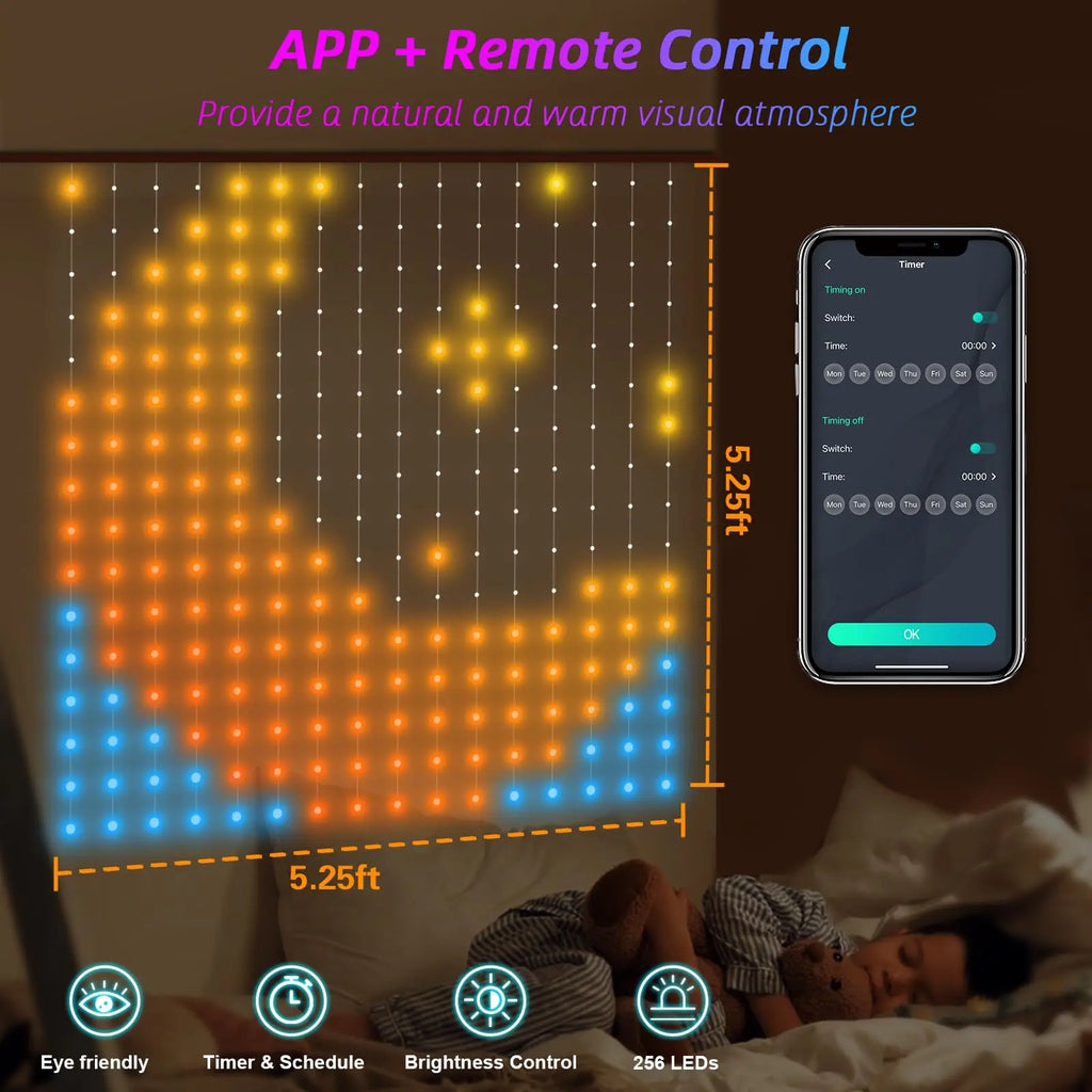 Smart LED Curtain Lights – Programmable RGB Pixel Display with App Control, 3 Sizes