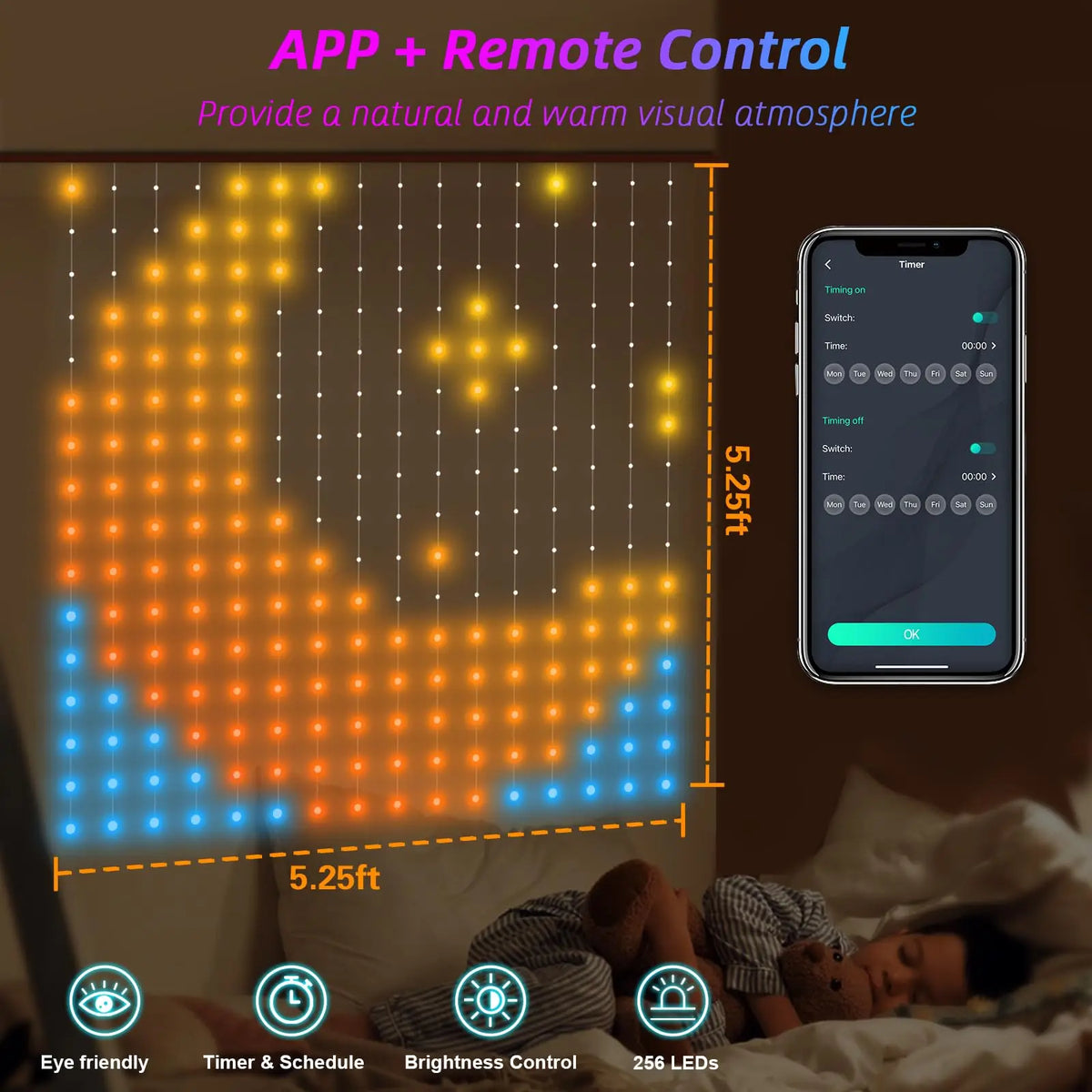 Smart LED Curtain Lights – Programmable RGB Pixel Display with App Control, 3 Sizes