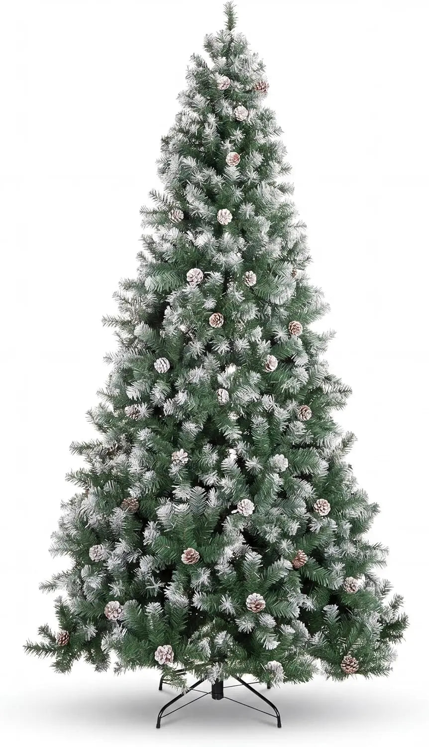 Pre-Lit Snow Flocked Artificial Christmas Tree with Pine Cones – 4.5ft to 7.5ft Full Xmas Tree with LED Lights and Metal Stand