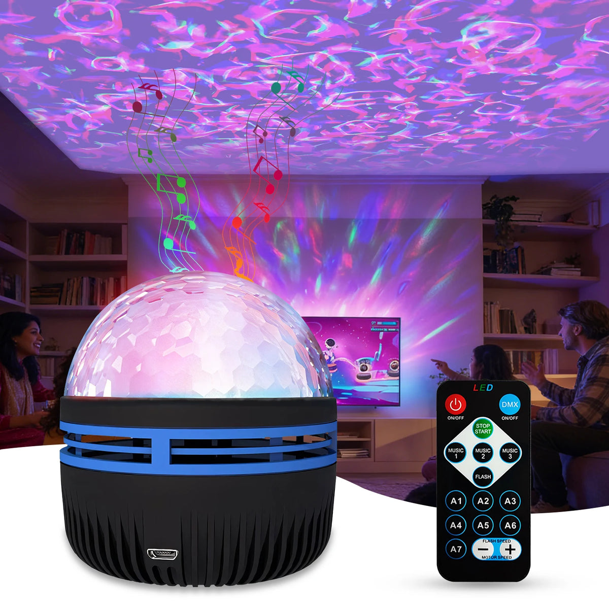 Music Sync Ocean Wave Projector – Sound-Activated RGB Water Ripple Light with Remote