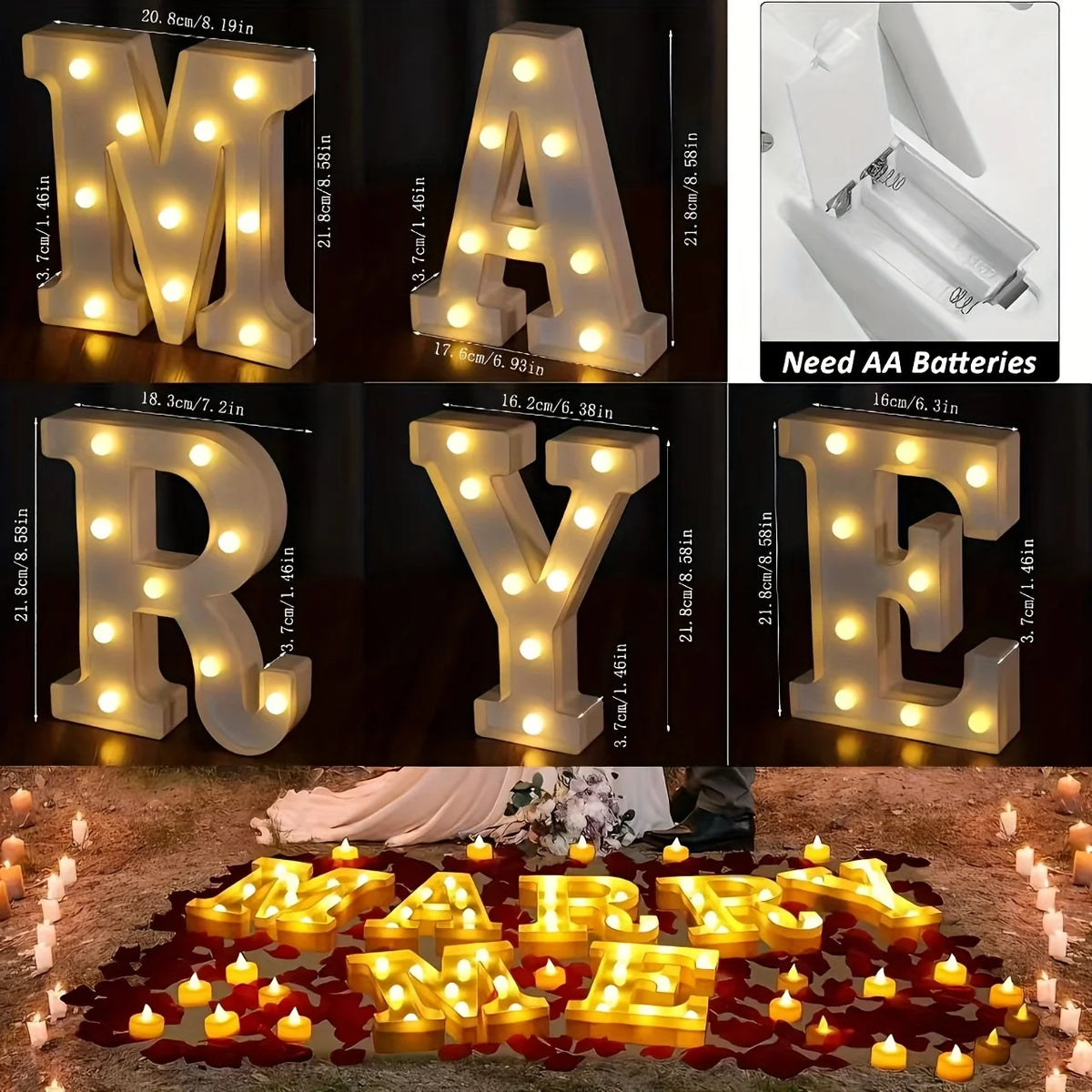 8Pcs/Set Marry Me - Marry Me Led Letter Lights Romantic Wedding Valentine's Day Decoration, Battery-Powered with Switch, Suitable for Anniversary Celebrations and Wedding Decorations, Romantic Valentine's Day, Beach Proposals