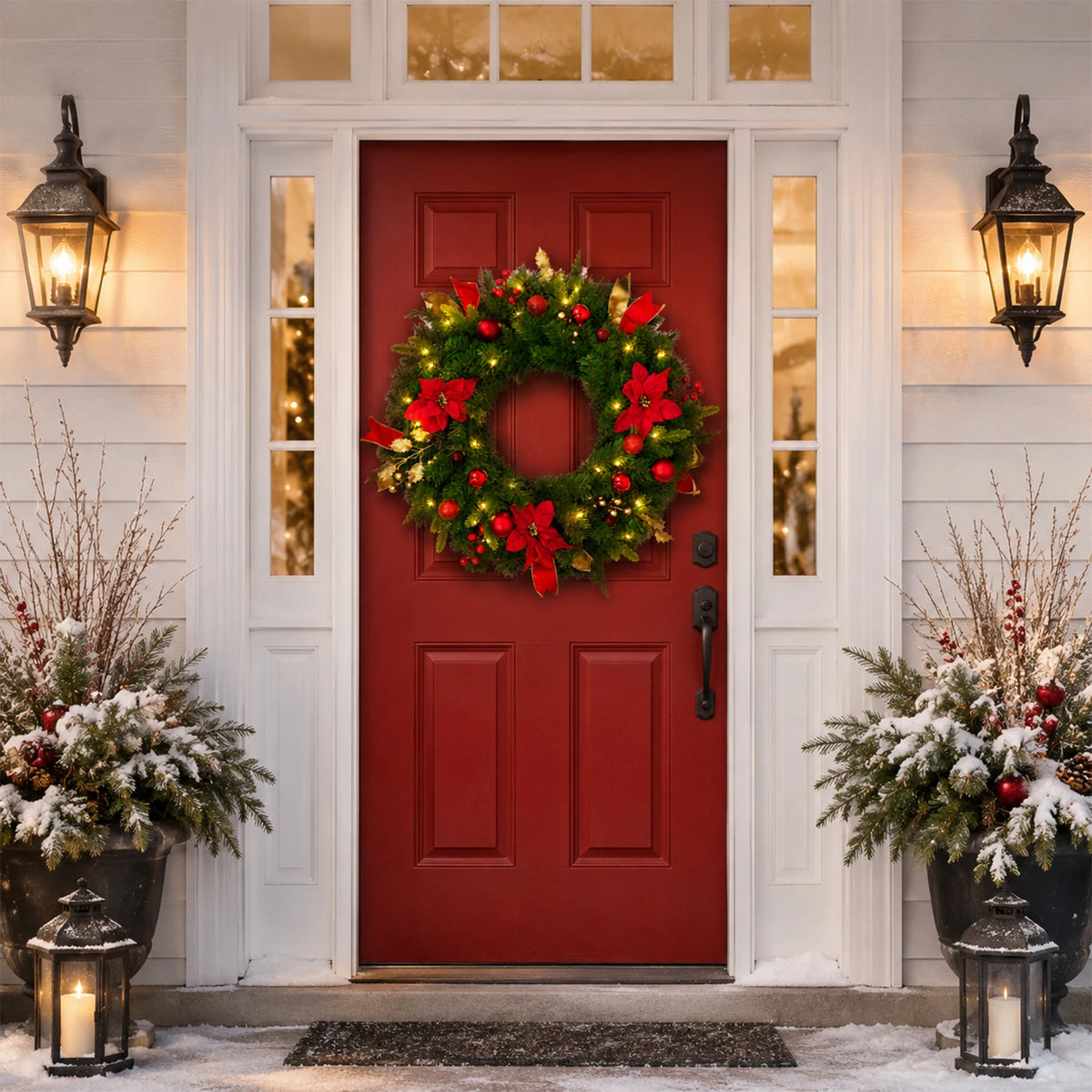 24" Pre-Lit Christmas Wreath – Red Poinsettia with Warm LED Lights & Timer
