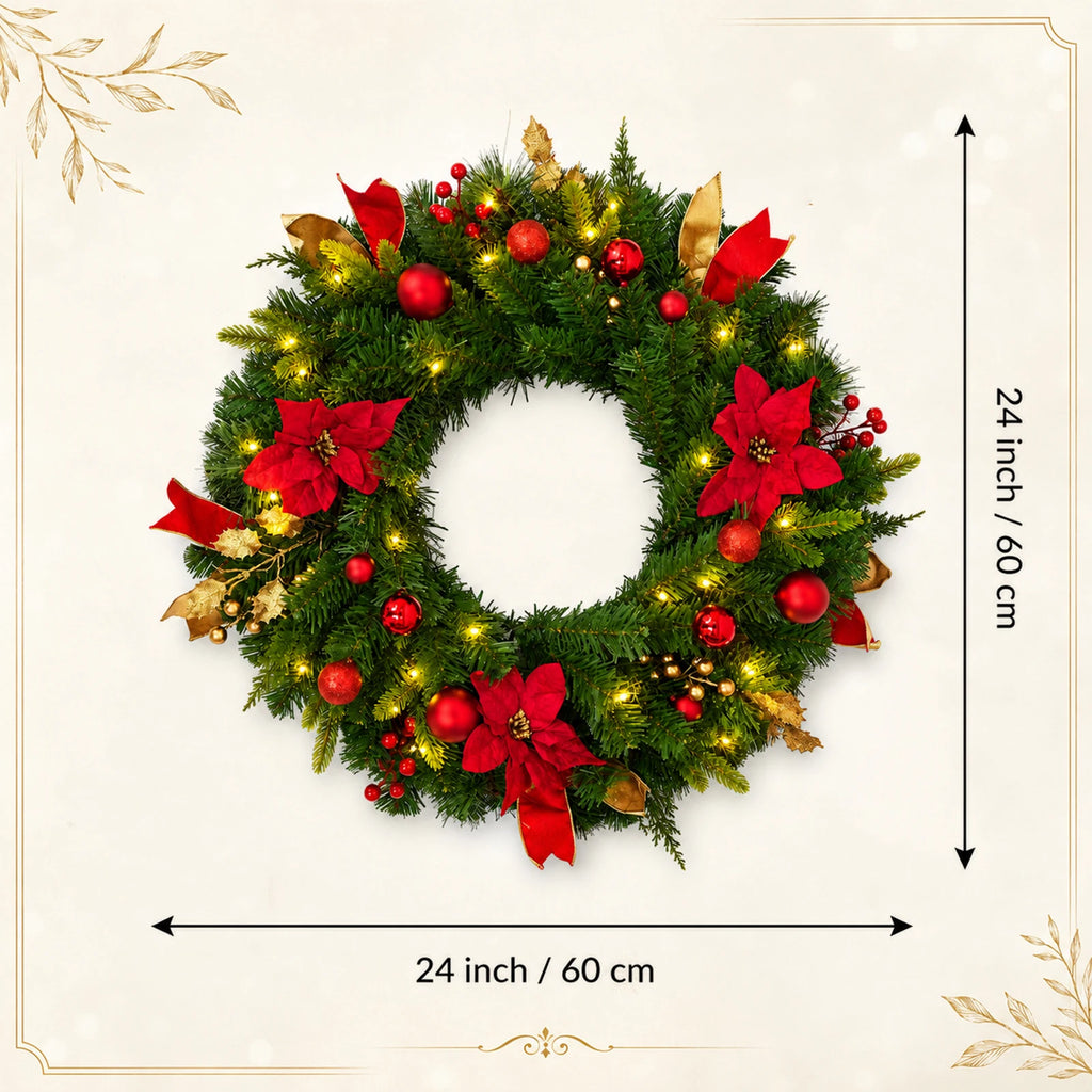 24" Pre-Lit Christmas Wreath – Red Poinsettia with Warm LED Lights & Timer