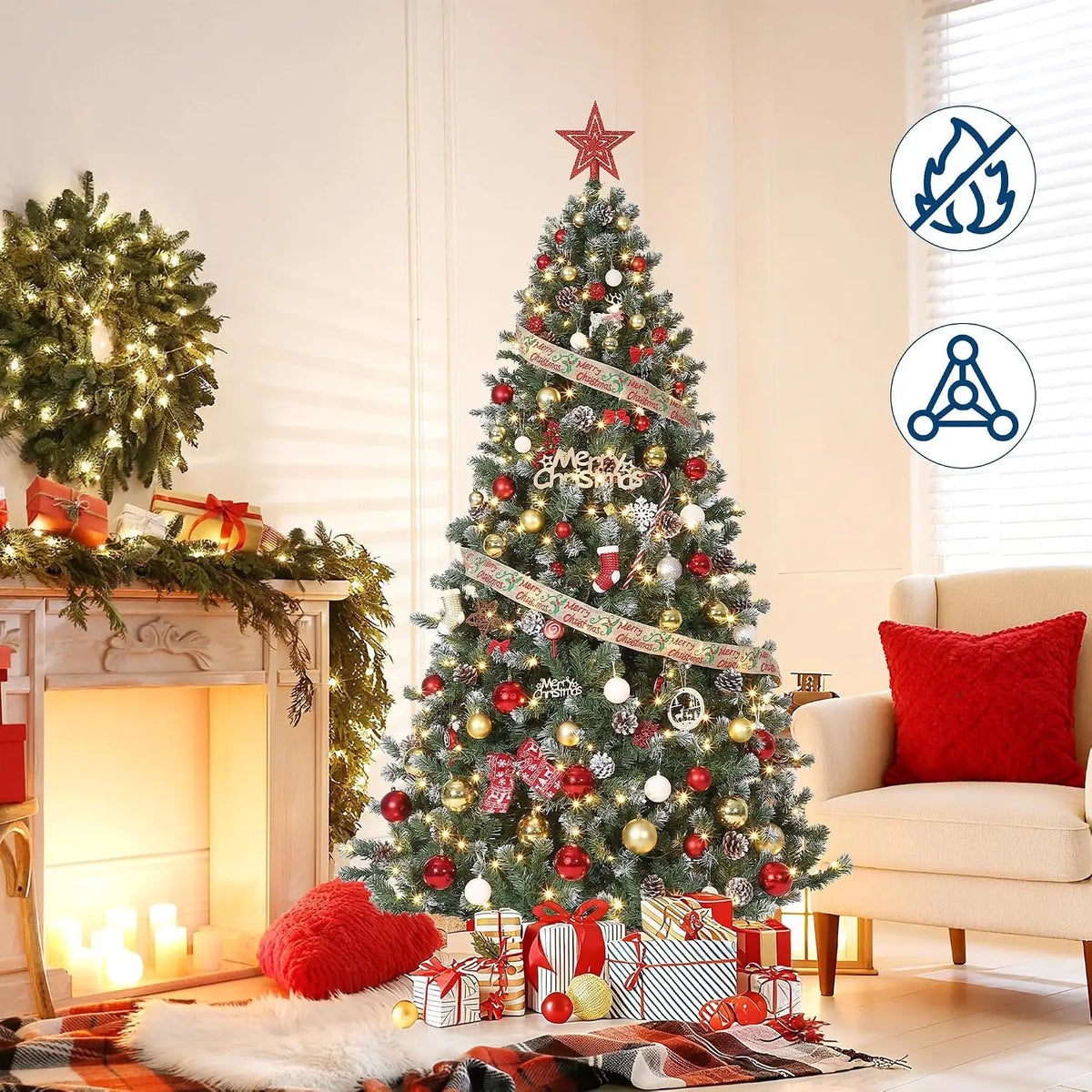 Pre-Lit Snow Flocked Artificial Christmas Tree with Pine Cones – 4.5ft to 7.5ft Full Xmas Tree with LED Lights and Metal Stand