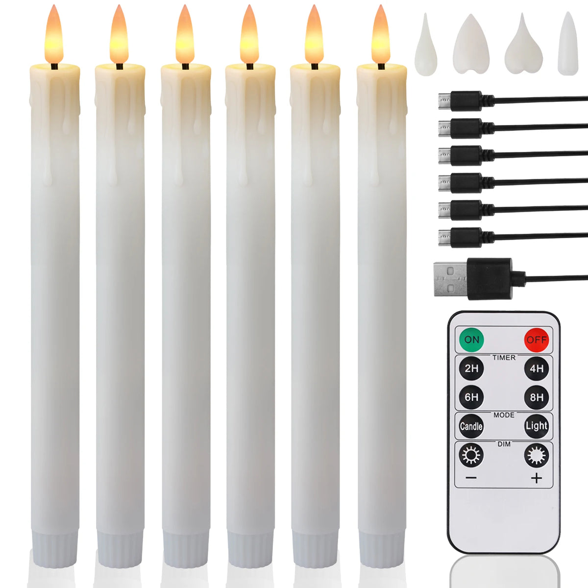 Rechargeable Flameless LED Taper Candles with Remote & Timer – Set of 6