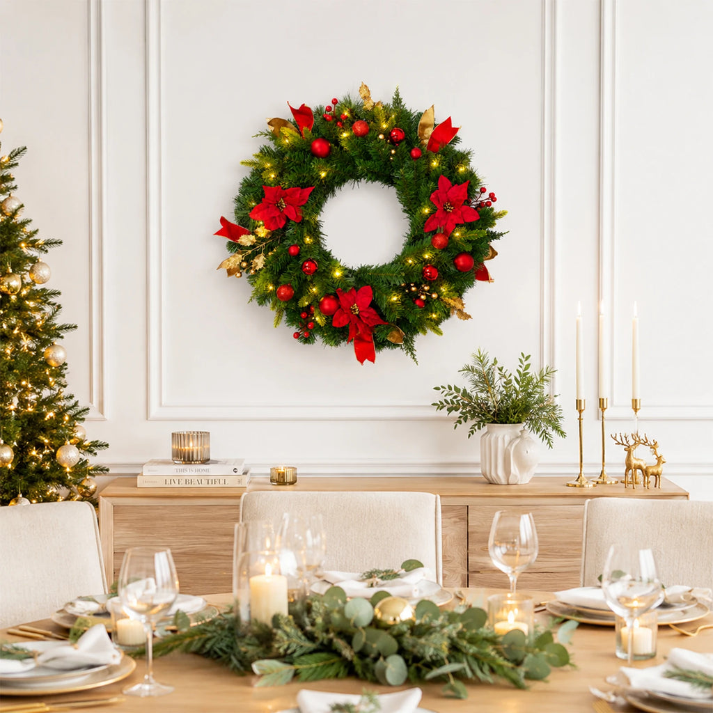 24" Pre-Lit Christmas Wreath – Red Poinsettia with Warm LED Lights & Timer